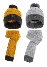 BA101 Jungen Mütze & Schal Set – Strickaccessoires in Grau-Mustard mit Bommel | Winter-Set für Kinder