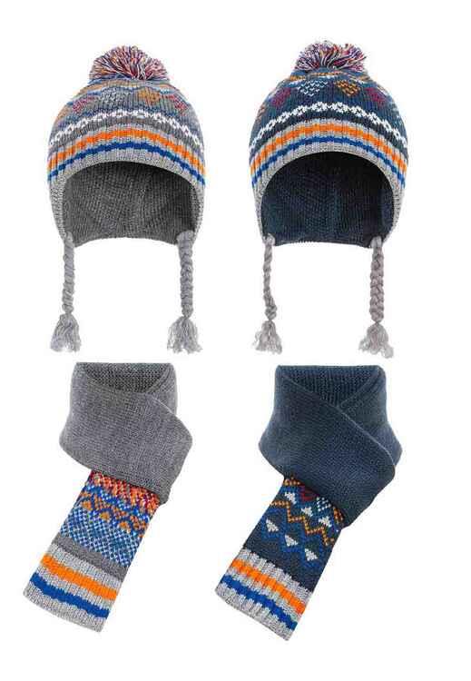 BA102 Set Gorra y Bufanda de punto para niño Gris / Azul Marino