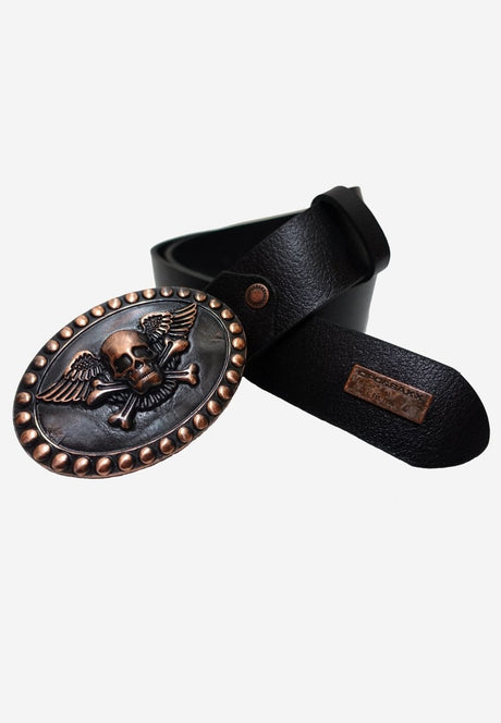 Cinturones de cuero para hombres CG166 con hebilla en un aspecto de cráneo y parche de metal