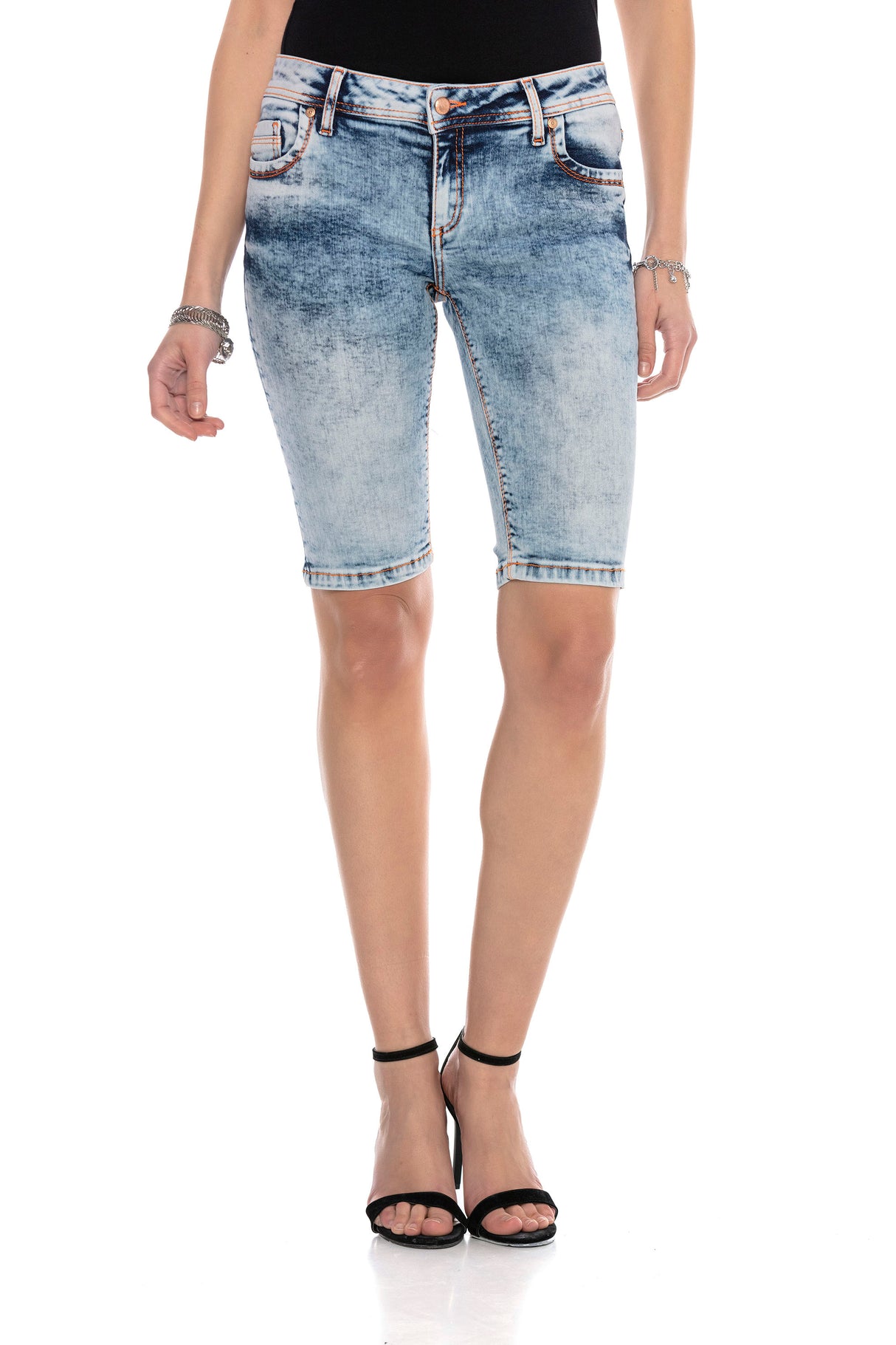 WK171 Capri de Jeans para Mujer con Costuras decorativas