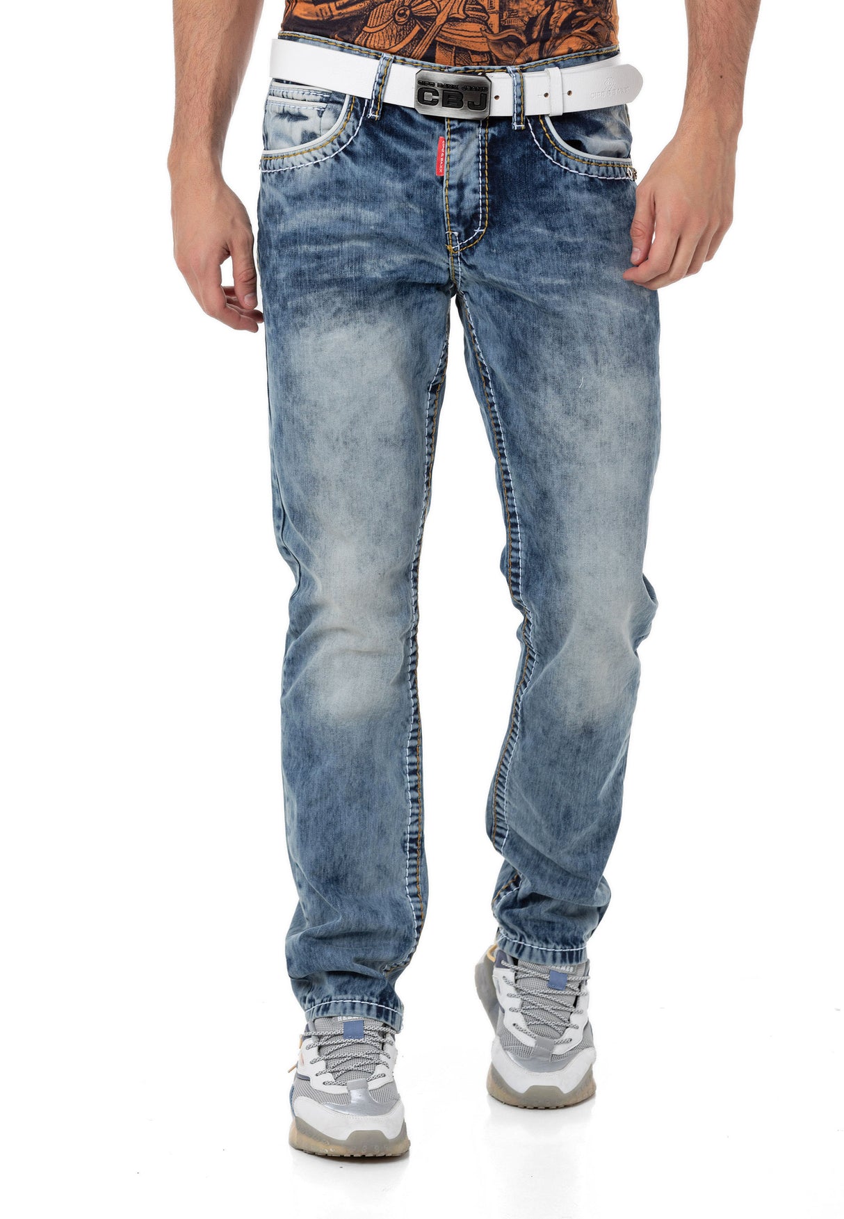 CD148 Jeans rectos de hombres  con costuras de contraste 