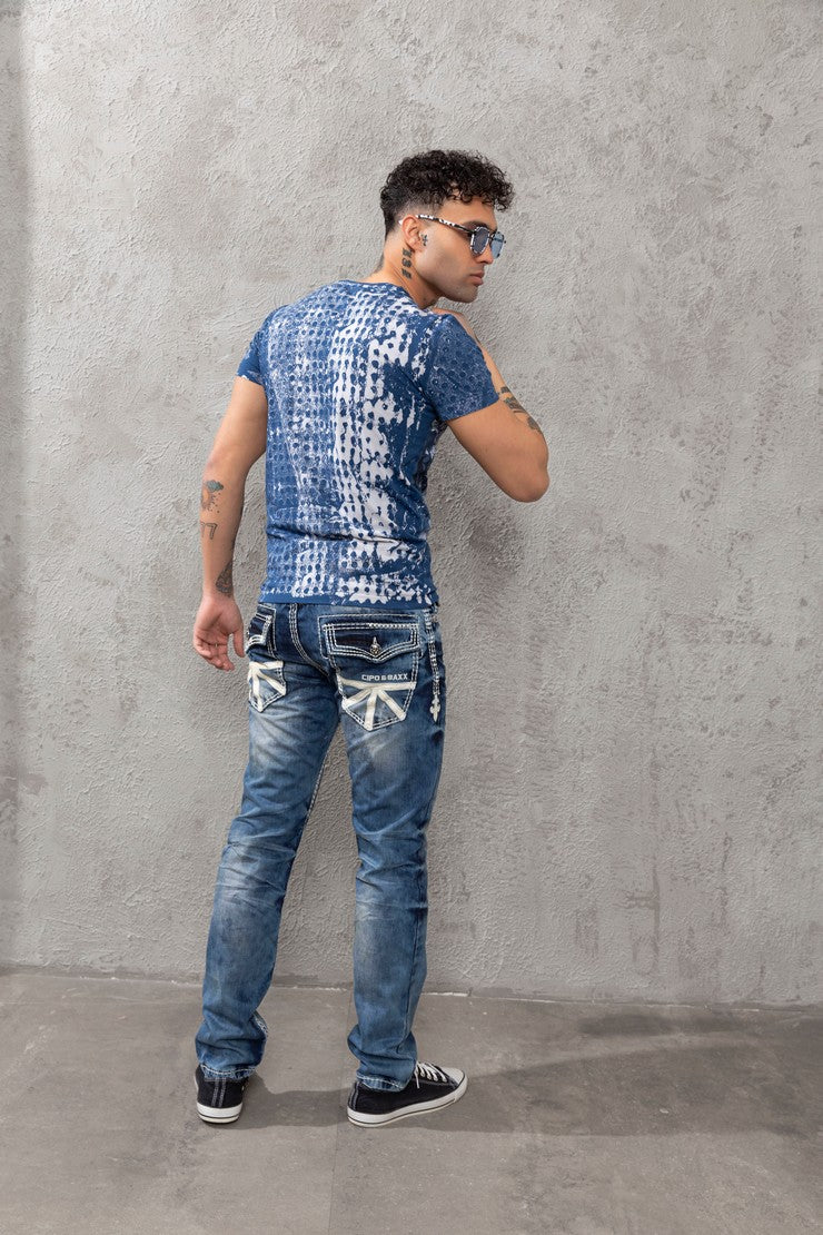 CD149 Jeans Comodi da Uomo Effetto Slavato Straight Fit