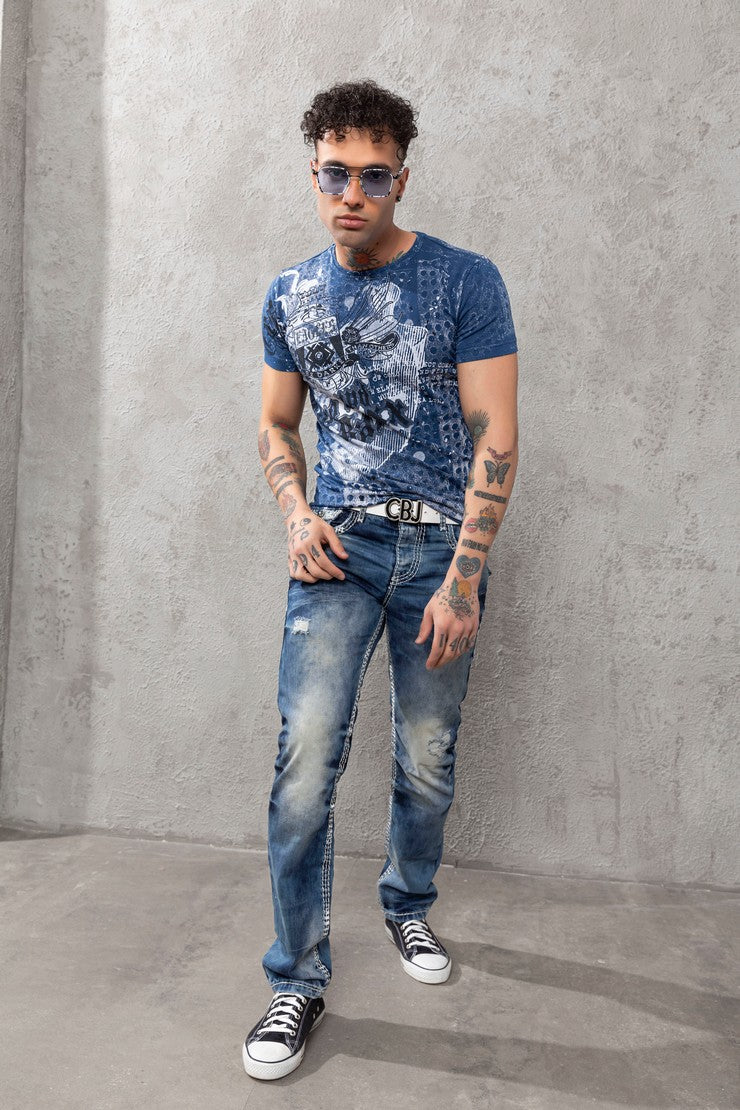 CD149 Jeans Comodi da Uomo Effetto Slavato Straight Fit
