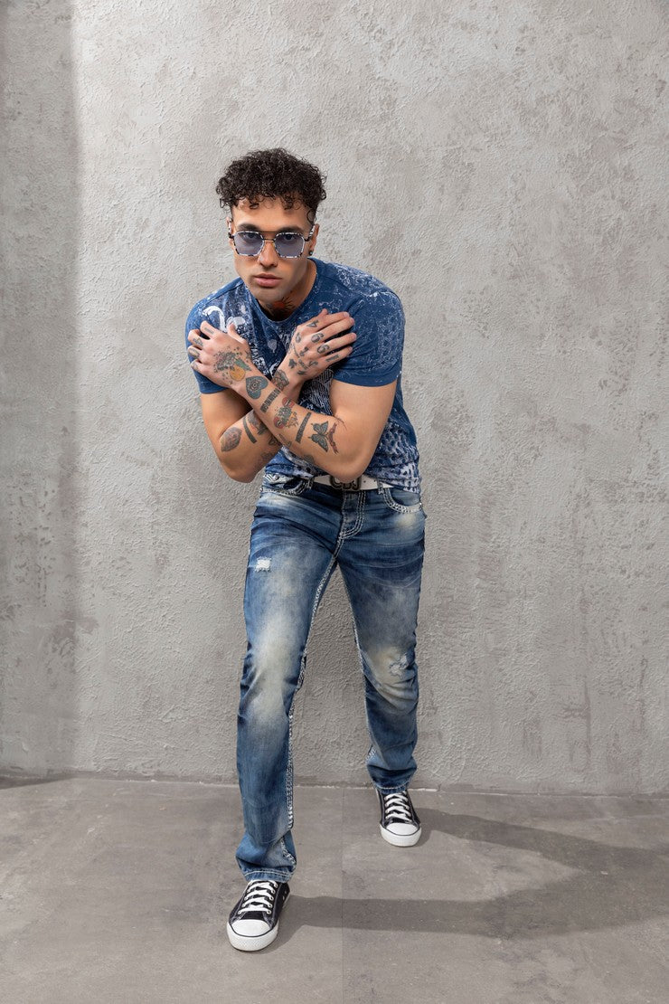 CD149 Jeans Comodi da Uomo Effetto Slavato Straight Fit
