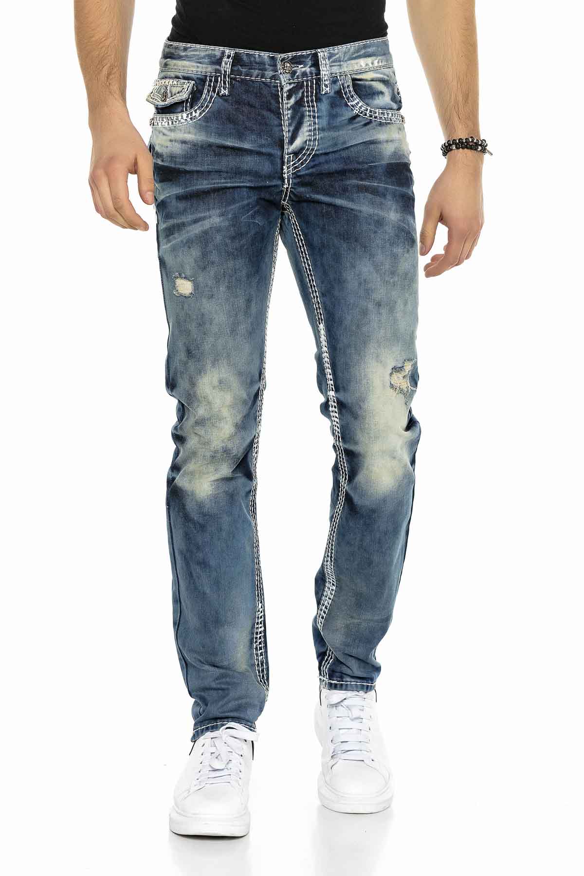 CD149 Jeans Comodi da Uomo Effetto Slavato Straight Fit
