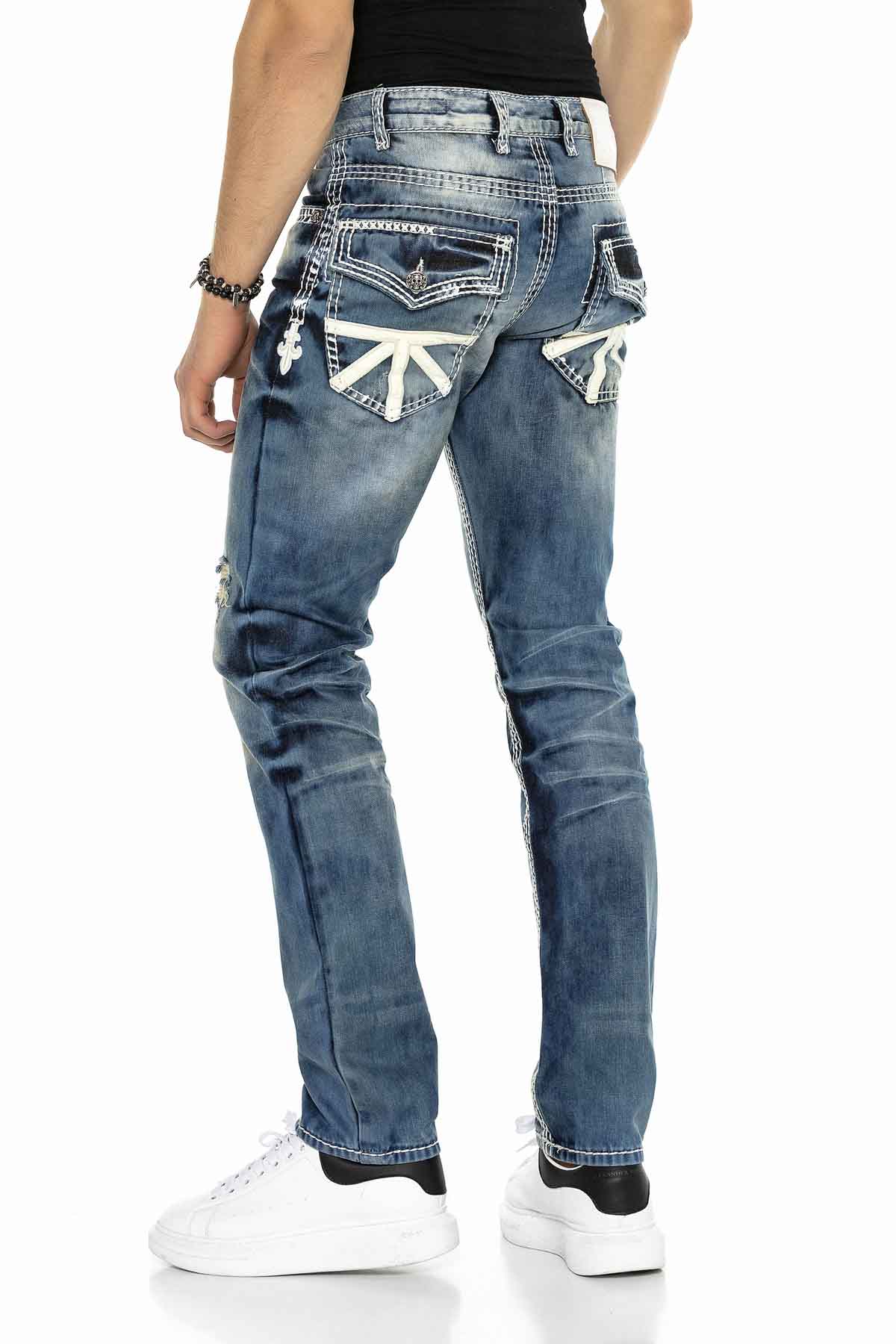 CD149 Jeans Comodi da Uomo Effetto Slavato Straight Fit