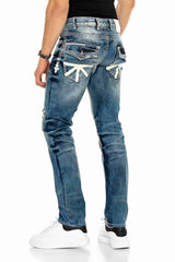 CD149 Jeans Comodi da Uomo Effetto Slavato Straight Fit
