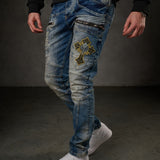 CD293 jeans confortables pour hommes style biker en coupe droite