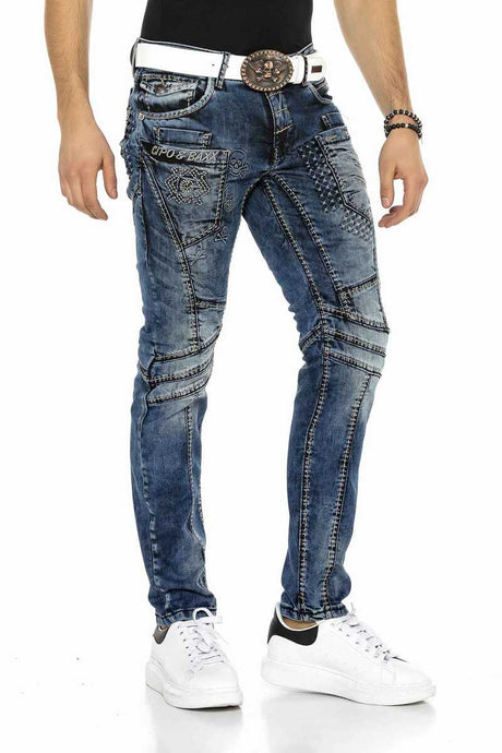 CD418 Jeans cómodos para hombres con costuras decorativas modernas en forma directa