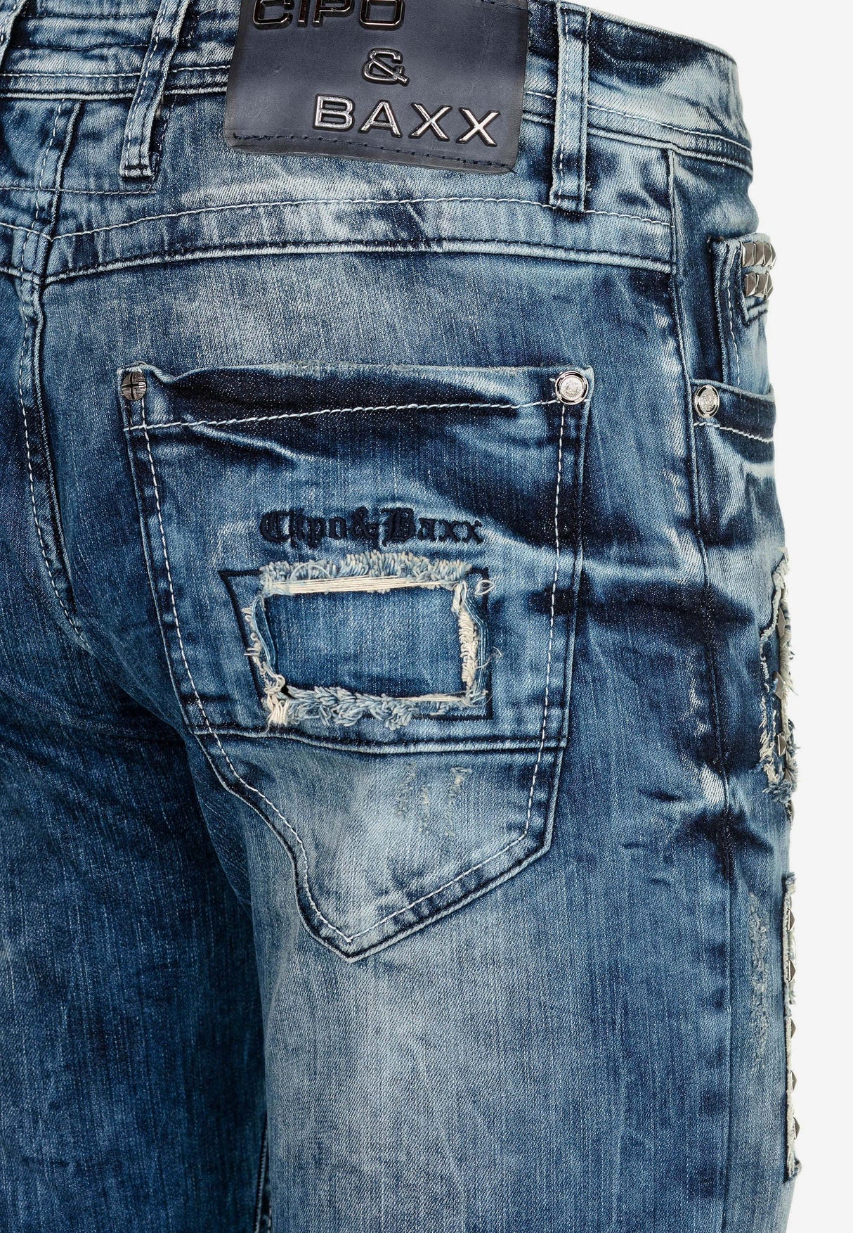 Jeans delgados de hombres CD431 con remaches y parches en forma recta