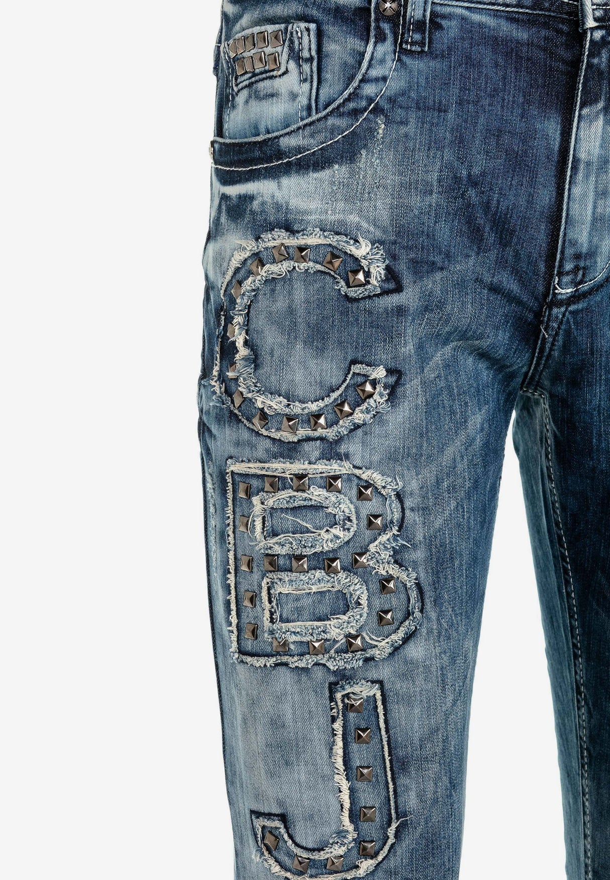 Jeans delgados de hombres CD431 con remaches y parches en forma recta