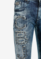 Jeans delgados de hombres CD431 con remaches y parches en forma recta