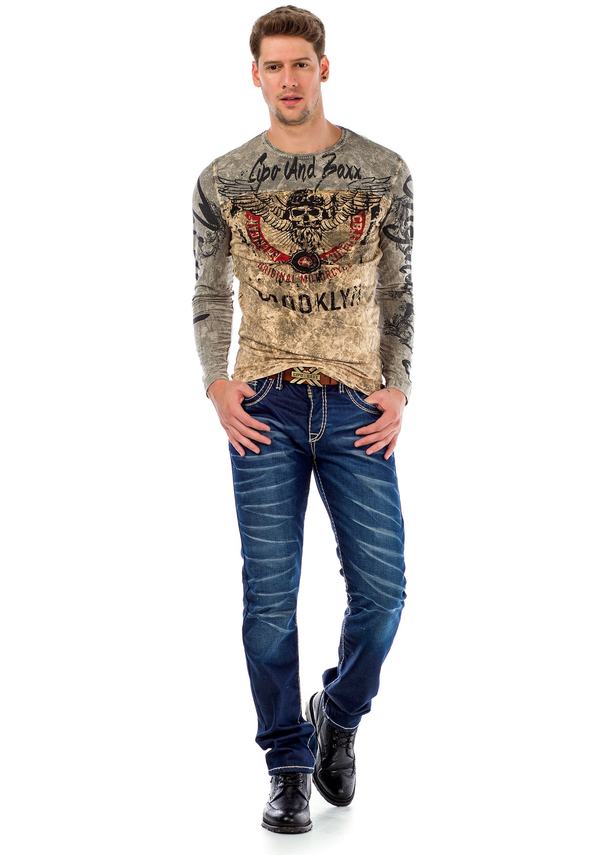 CD471 Men Jeans delgados con detalles de lavado agudos