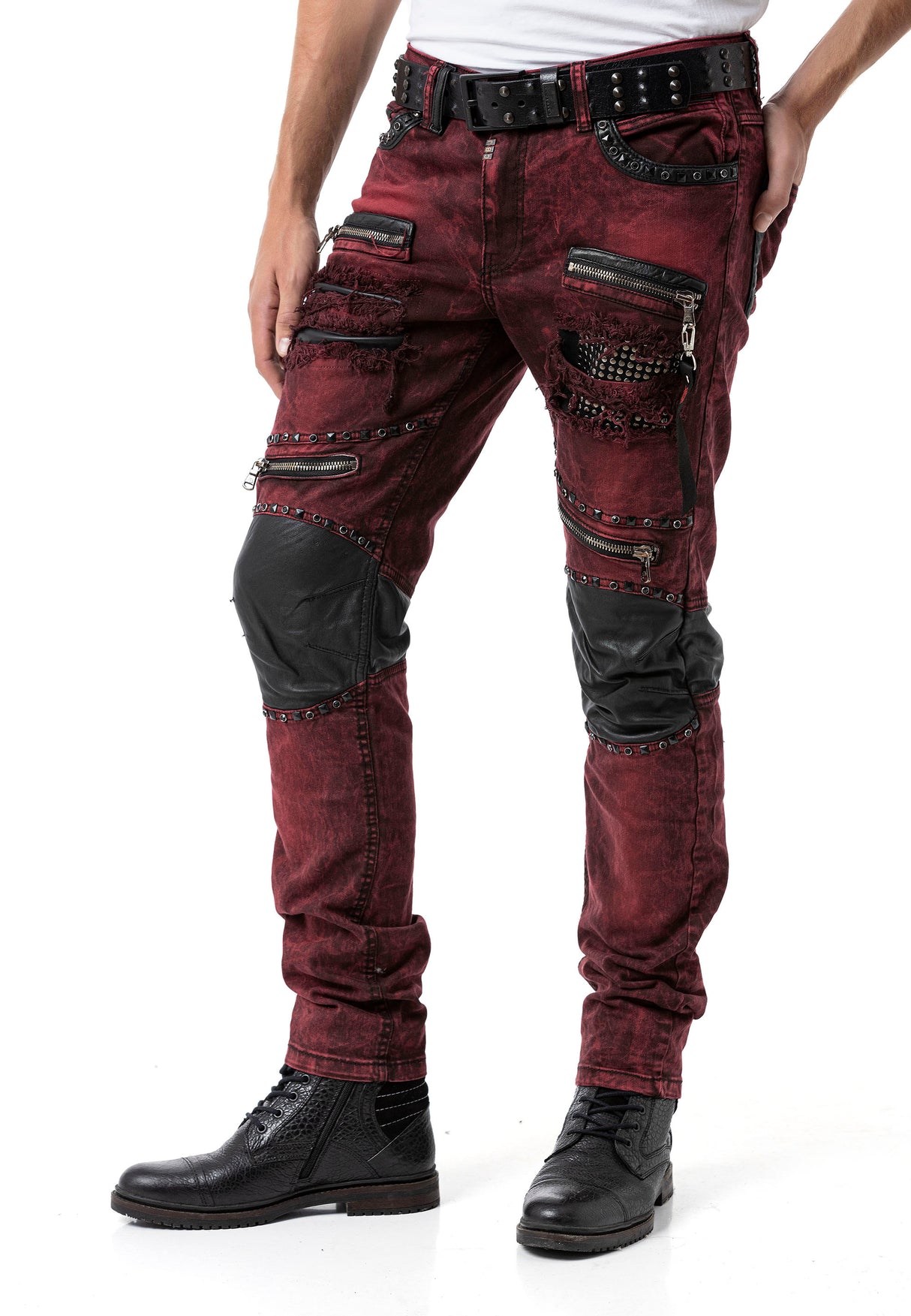 CD481 Men Slim Fit Jeans with rivets and decorative zippers