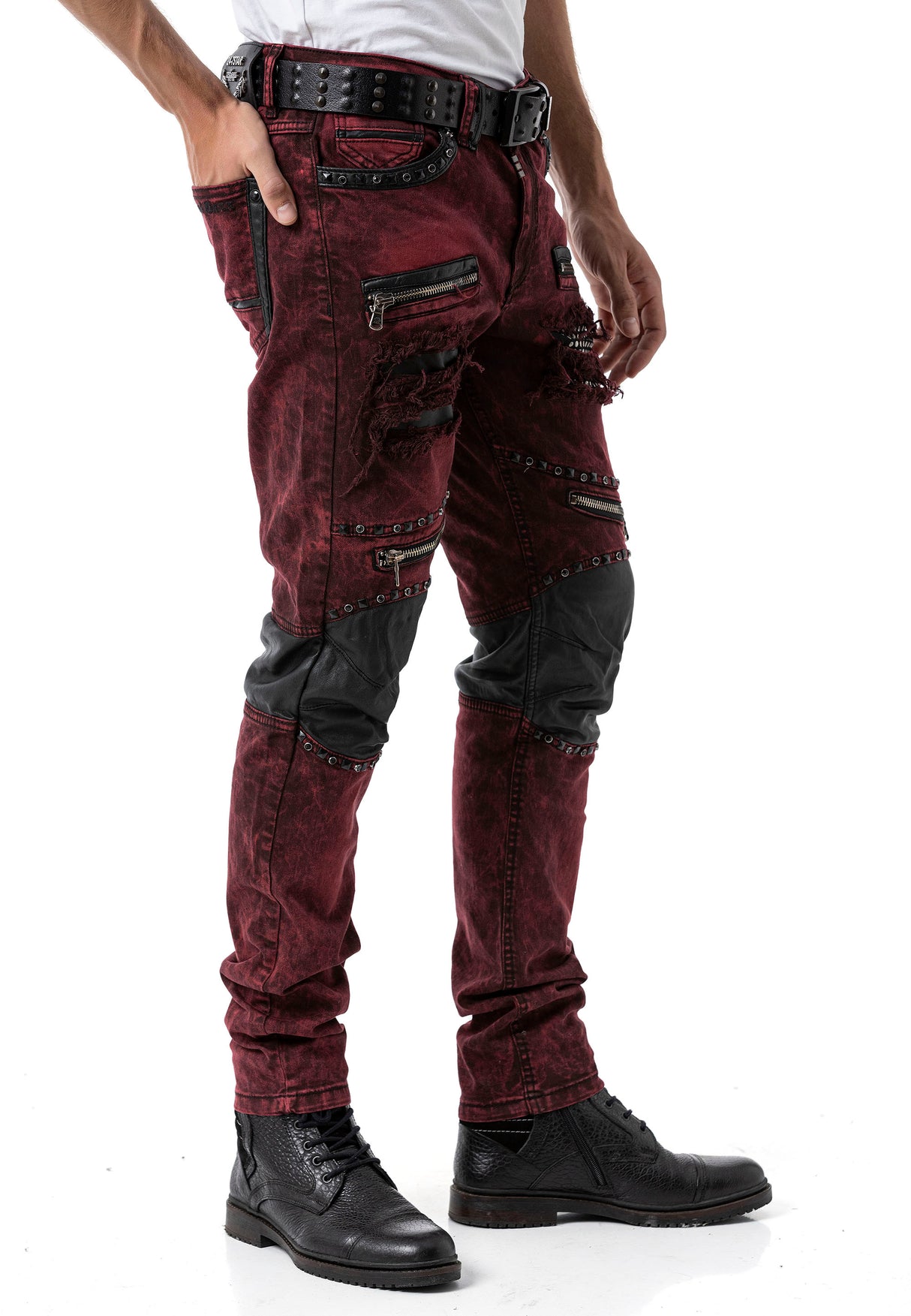 CD481 Men Slim Fit Jeans with rivets and decorative zippers
