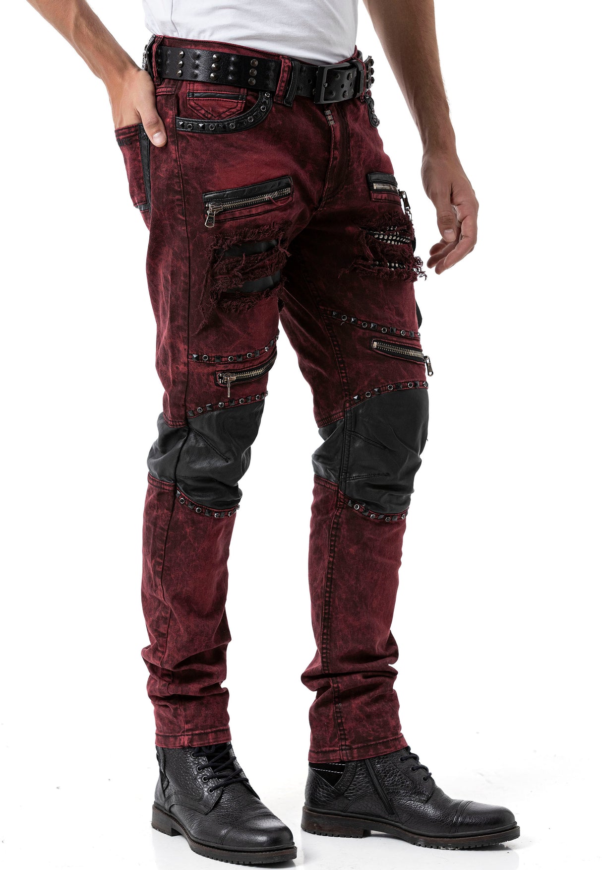 CD481 Men Slim Fit Jeans with rivets and decorative zippers
