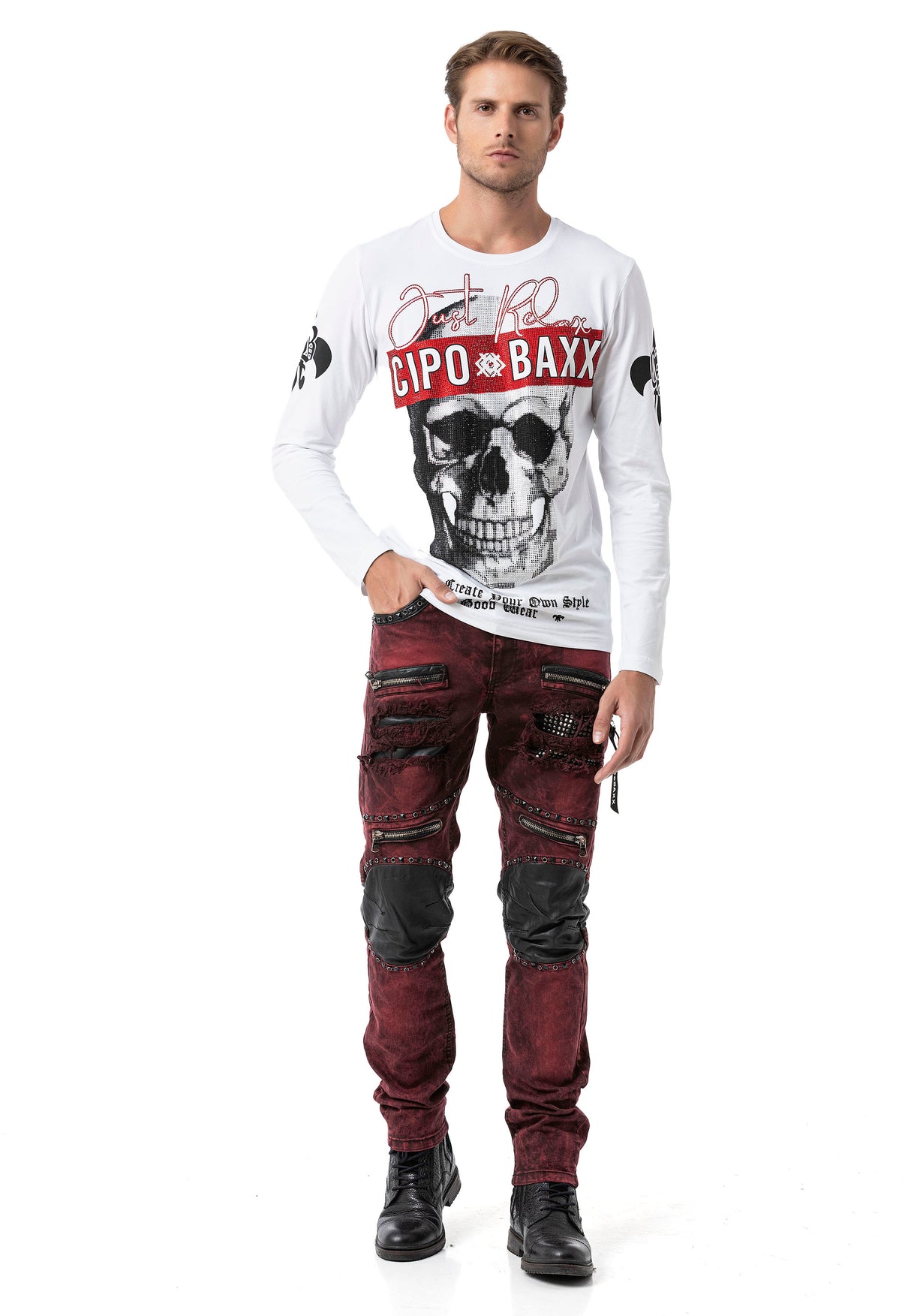 CD481 Men Slim Fit Jeans with rivets and decorative zippers