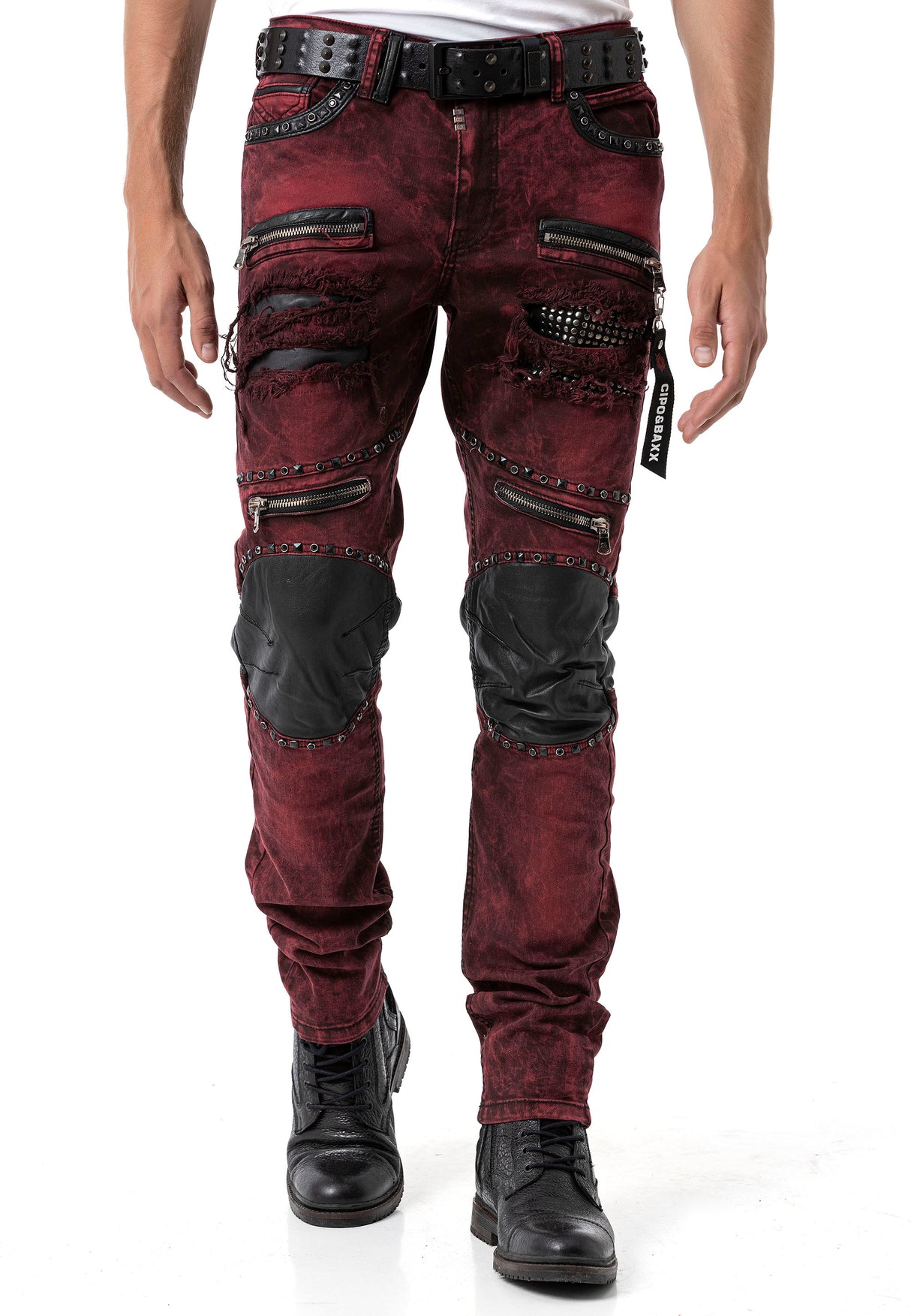 CD481 Men Slim Fit Jeans with rivets and decorative zippers