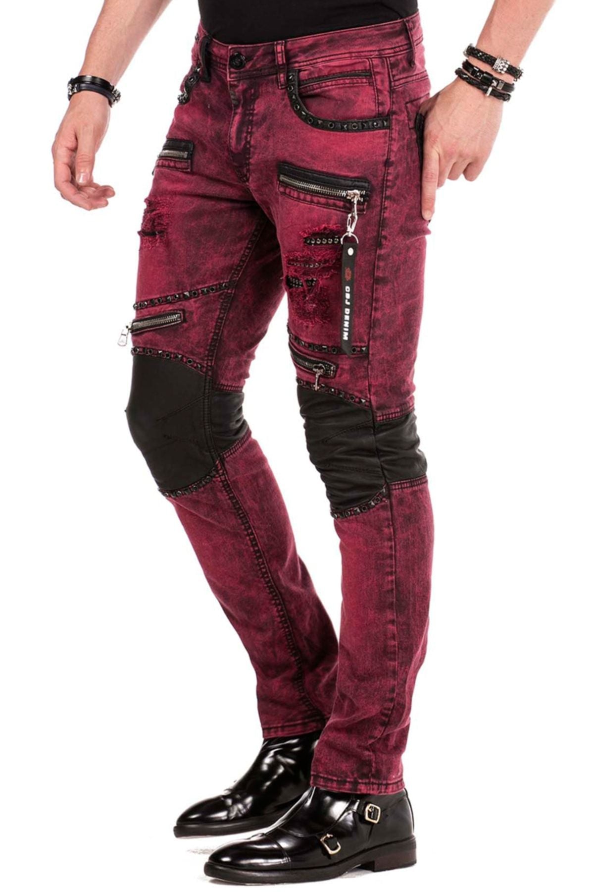 CD481 Heren Slim Fit Jeans met Klinknagels en decoratieve Ritsen