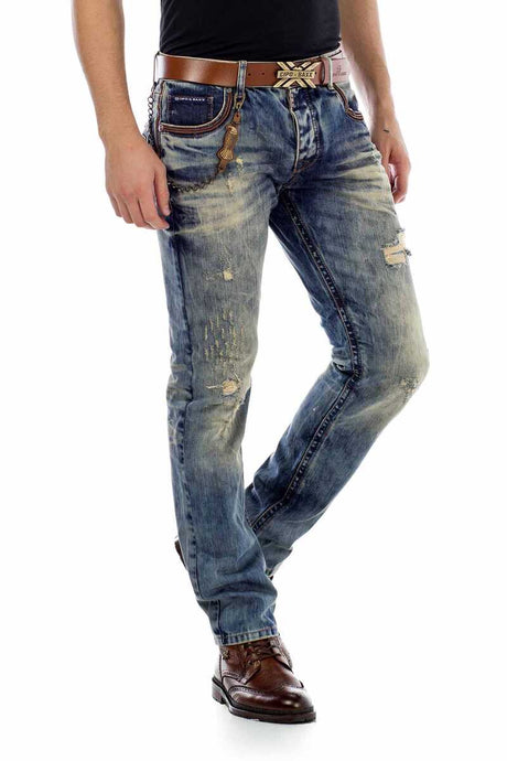 CD493 Hombres directamente jeans con efectos destruidos