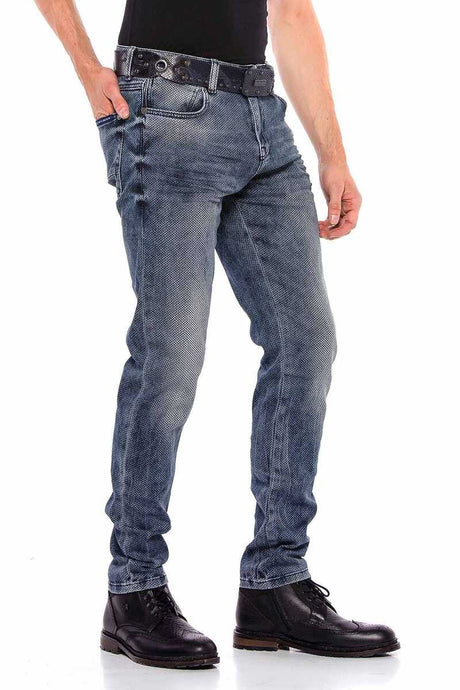 CD543 Men Slim-Fit-Jeans met een roosterpatroon in rechte pasvorm