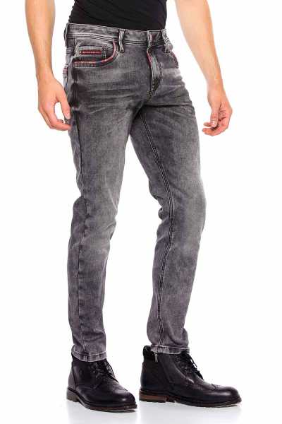 CD569 Men Jeans Slim Fit Stone Washed Casual Look con costuras gruesas
