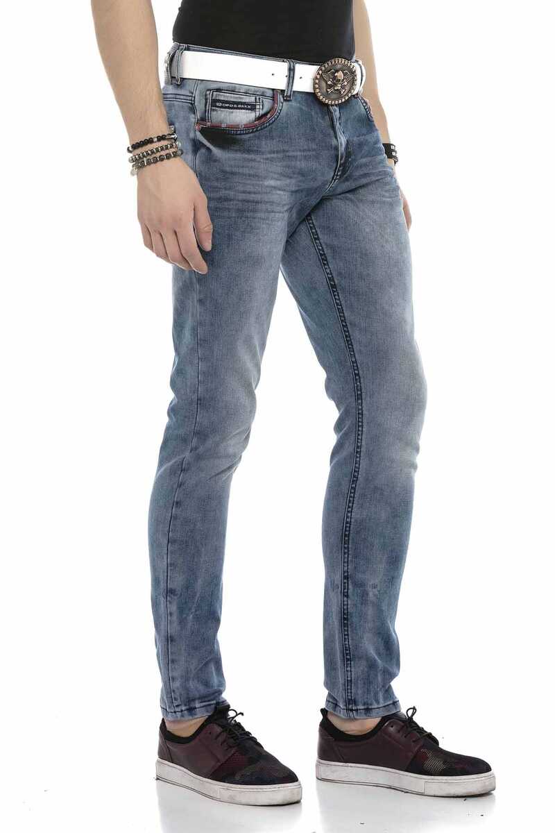 CD569 uomini jeans slim fit look casual lavate con cuciture spesse