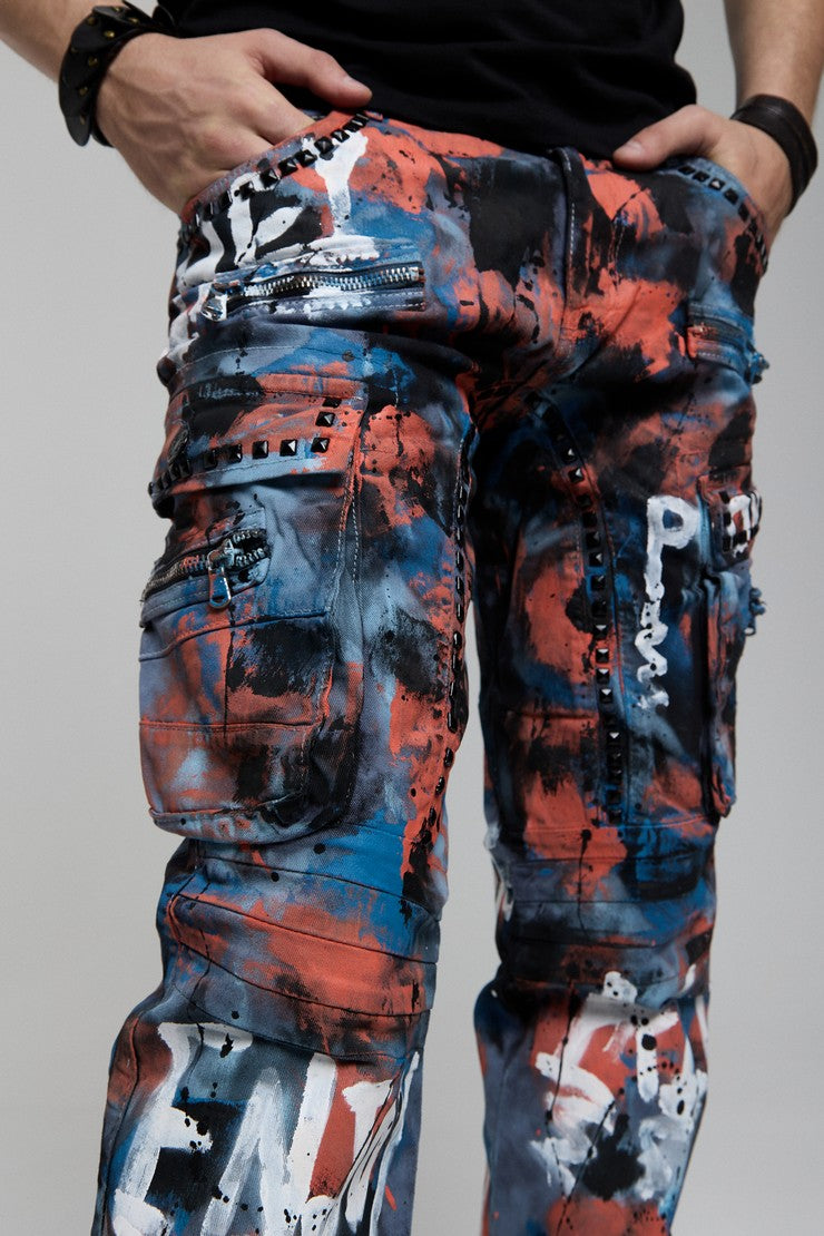 CD587 Jeans cómodos para hombres con detalles de salpicaduras de color