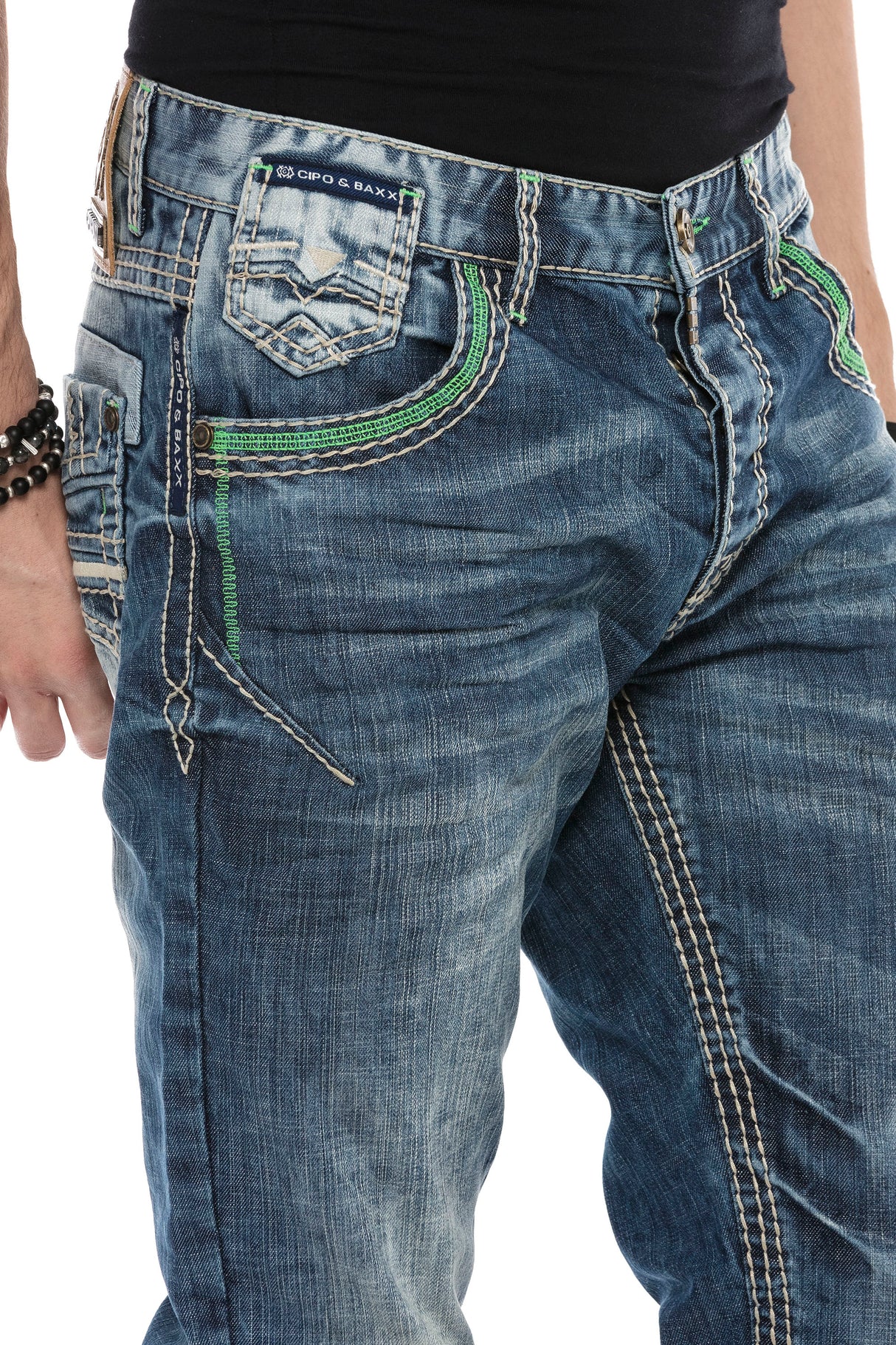 CD597 Jeans cómodos para hombres con puntadas decorativas llamativas
