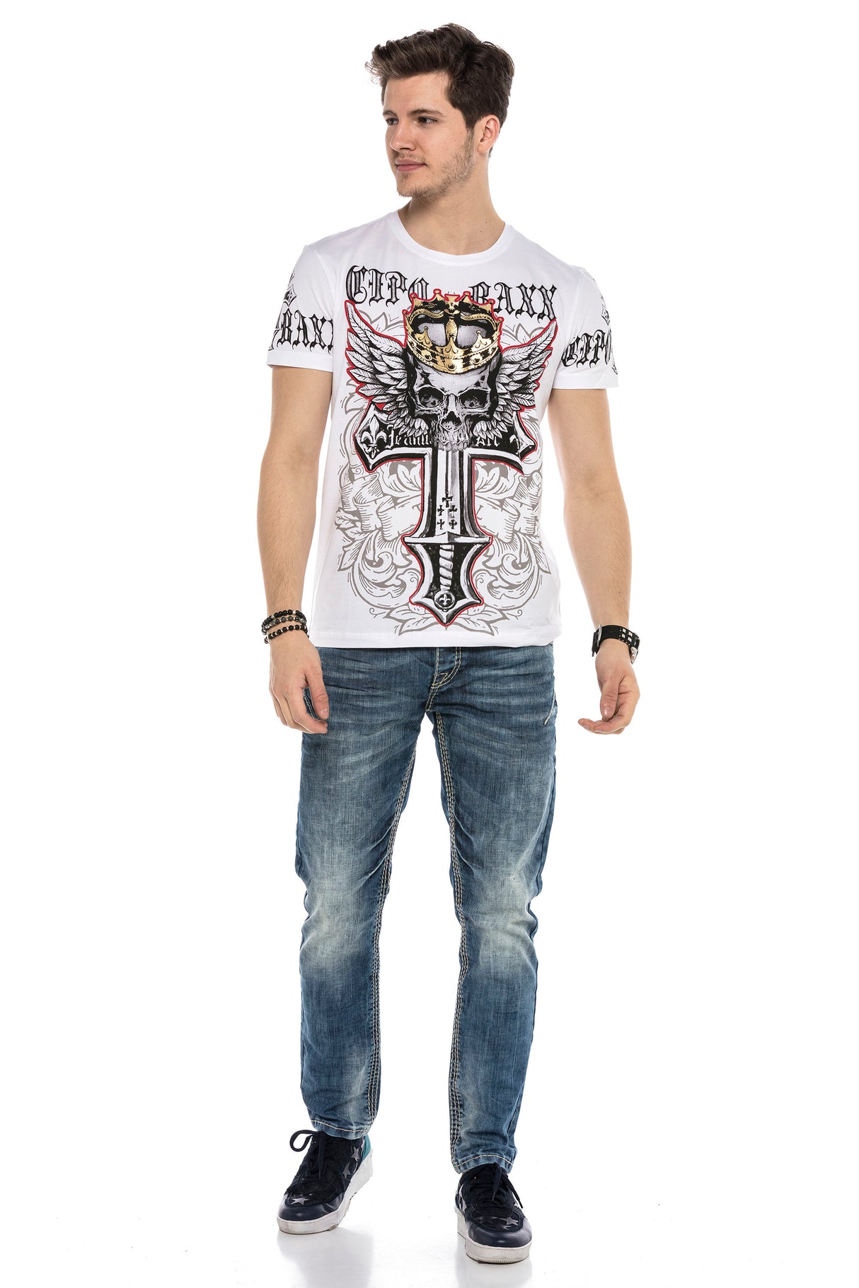 CD597 Jeans cómodos para hombres con puntadas decorativas llamativas