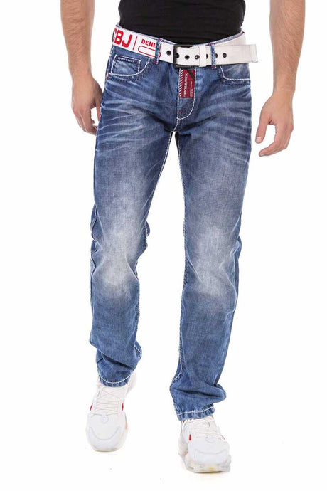 CD702 Hombres jeans rectos de ajuste con costuras decorativas modernas