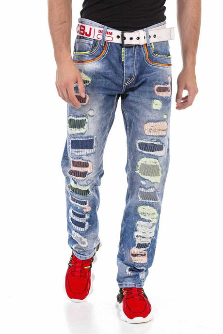 CD720 Hombres directos jeans con detalles destruidos de colores
