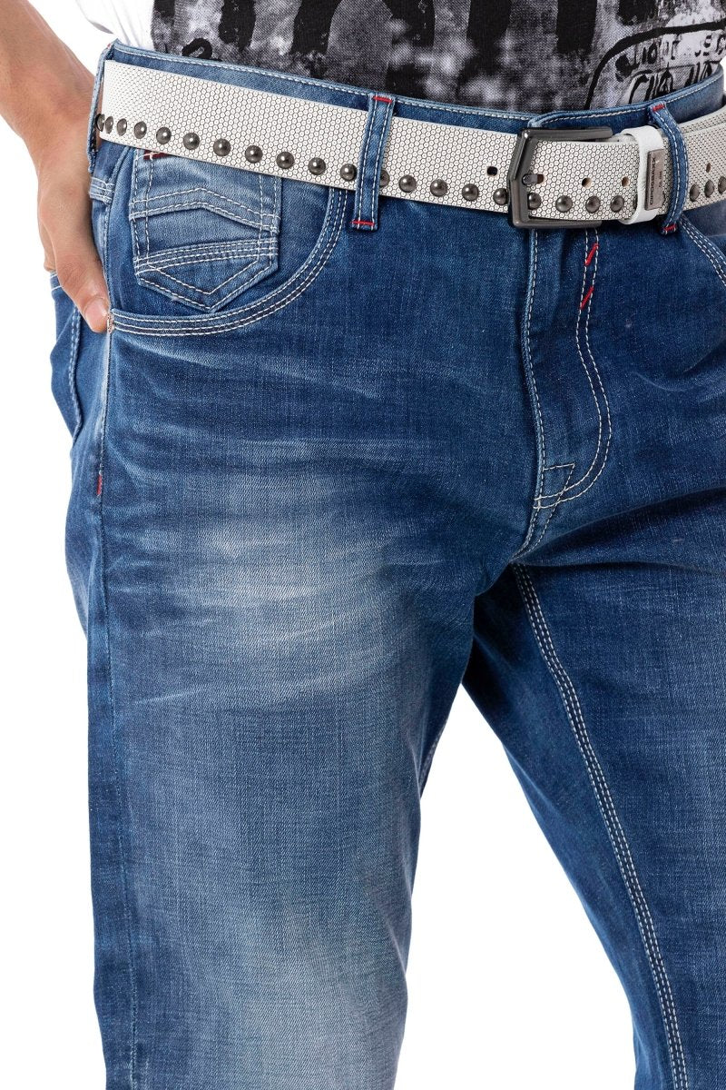CD796 Pantalones de jeans delgados de los hombres  en el look casual con costuras sutiles gruesas