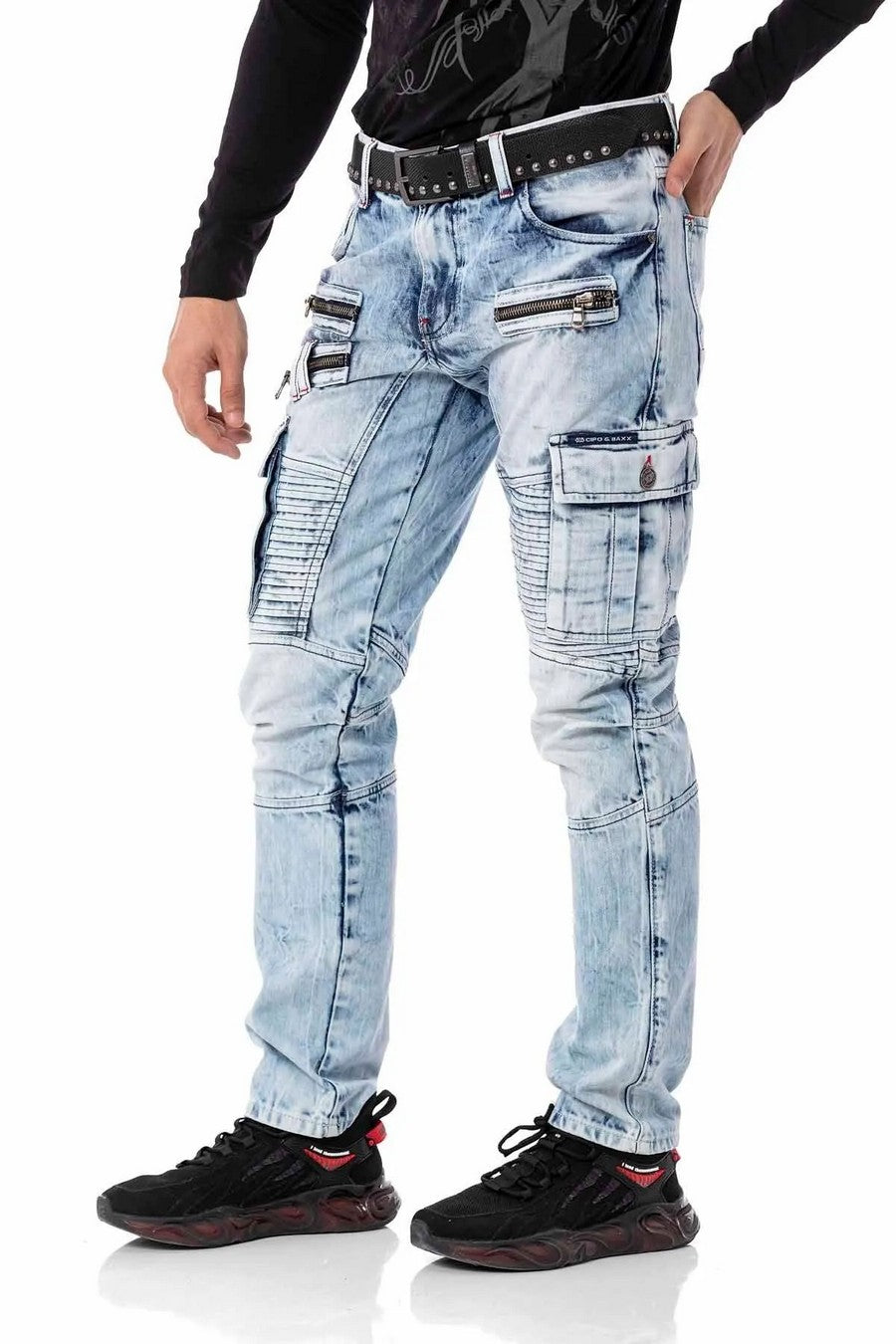 CD798 Herren Jeans Freizeithose im Bikerstyle mit Kunstleder Elementen