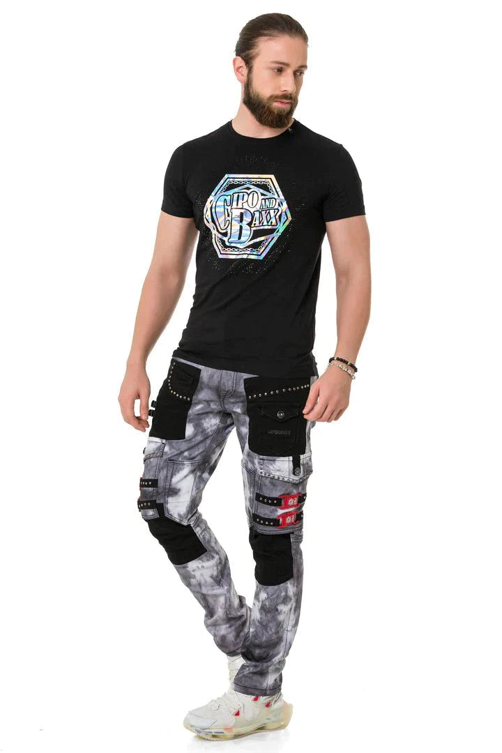 CD805 Hombres Jeans de motociclista de ajuste regular con parche de cuero sintético