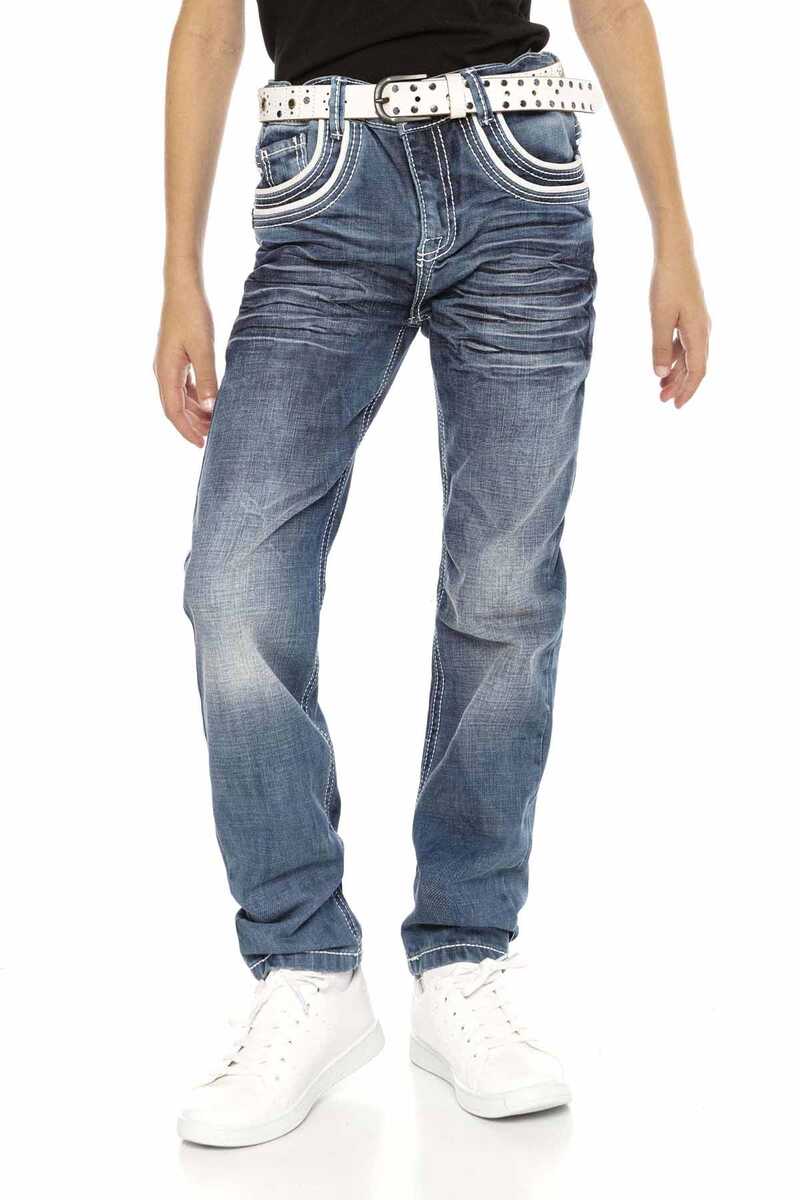 CDK102 Jungen Jeans – Regular Fit in Blau mit Kontrastnähten & Used-Waschung | Robuste Denimhose für Schule & Freizeit