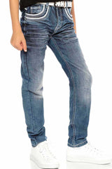 CDK102 Jungen Jeans – Regular Fit in Blau mit Kontrastnähten & Used-Waschung | Robuste Denimhose für Schule & Freizeit