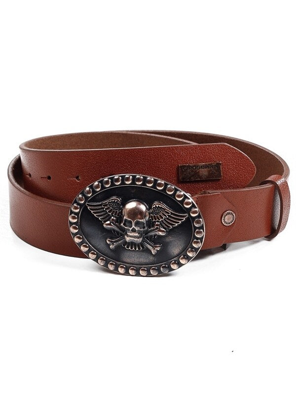 CG166 Leren Heren Riemlederen riemen met gesp in een Skull-Look en Metalen Patch