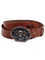 CG166 Leren Heren Riemlederen riemen met gesp in een Skull-Look en Metalen Patch