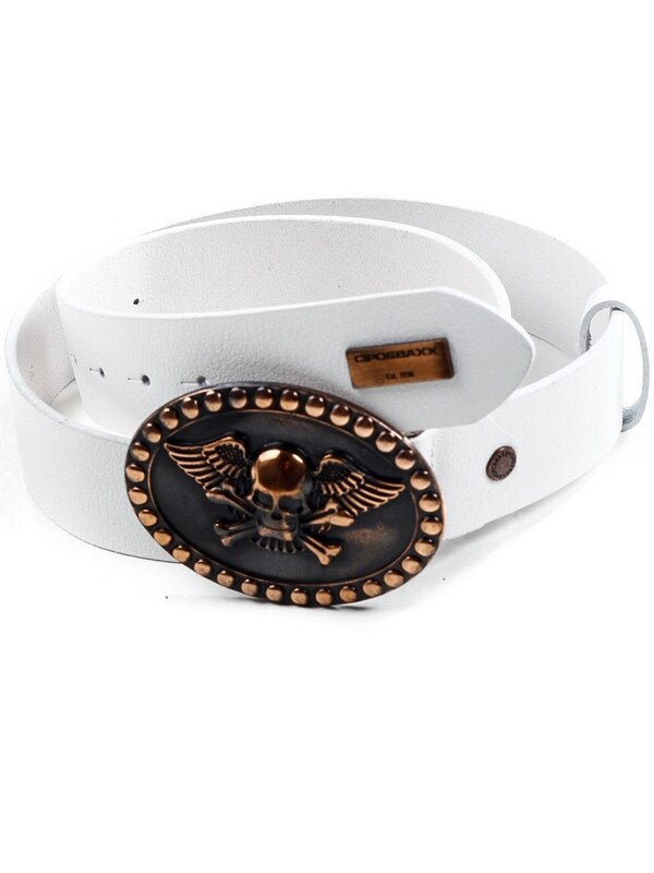CG166 Leren Heren Riemlederen riemen met gesp in een Skull-Look en Metalen Patch