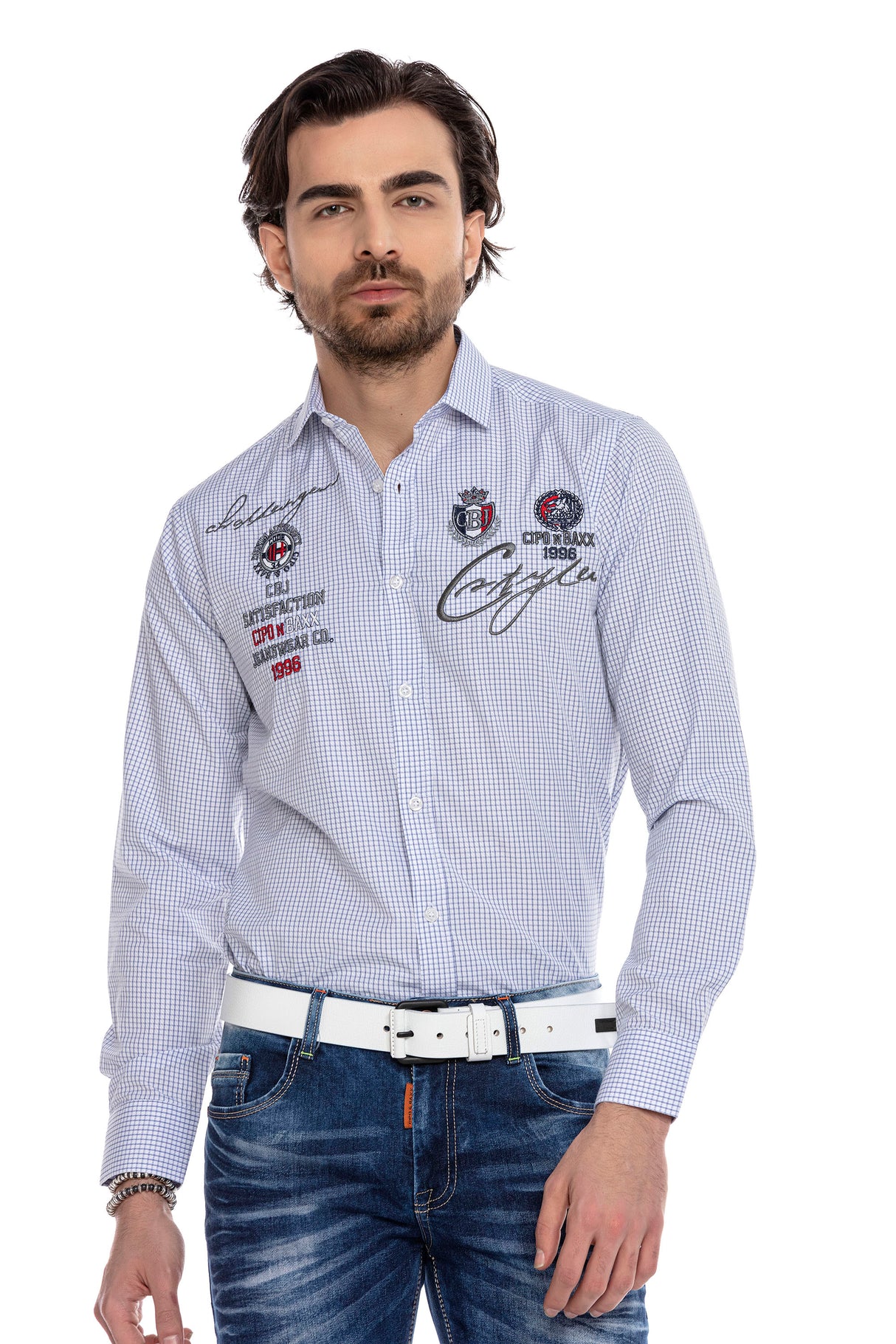 CH185 Herren Langarmhemd mit trendigen Stickereien