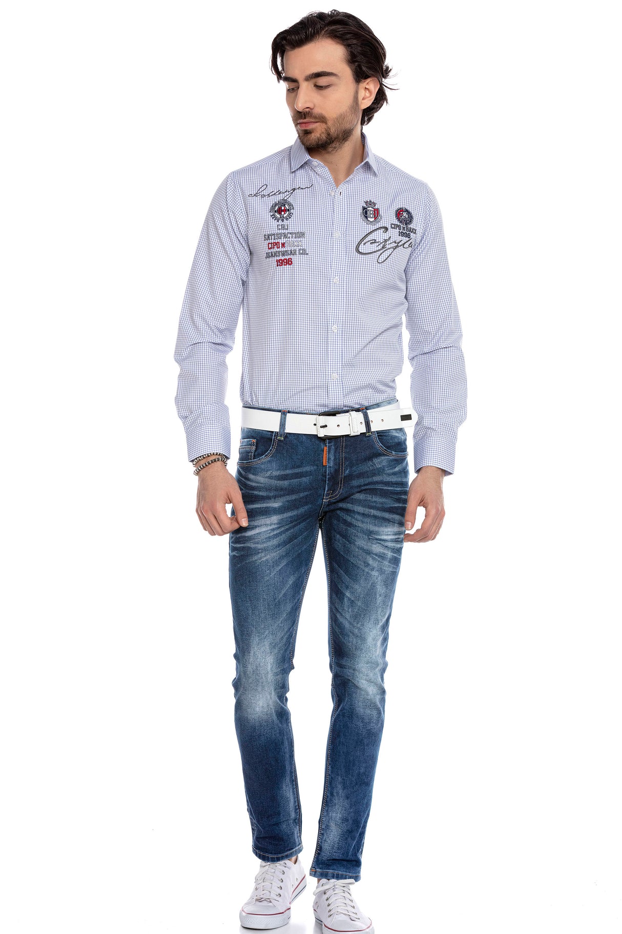 CH185 Herren Langarmhemd mit trendigen Stickereien