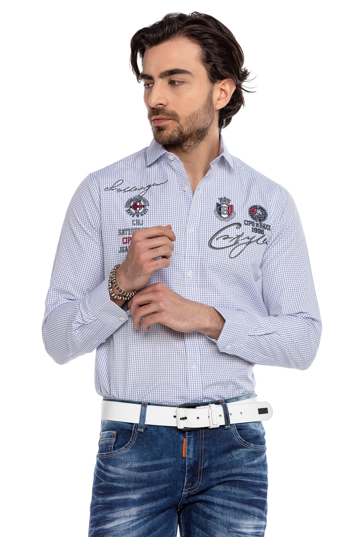 CH185 Herren Langarmhemd mit trendigen Stickereien