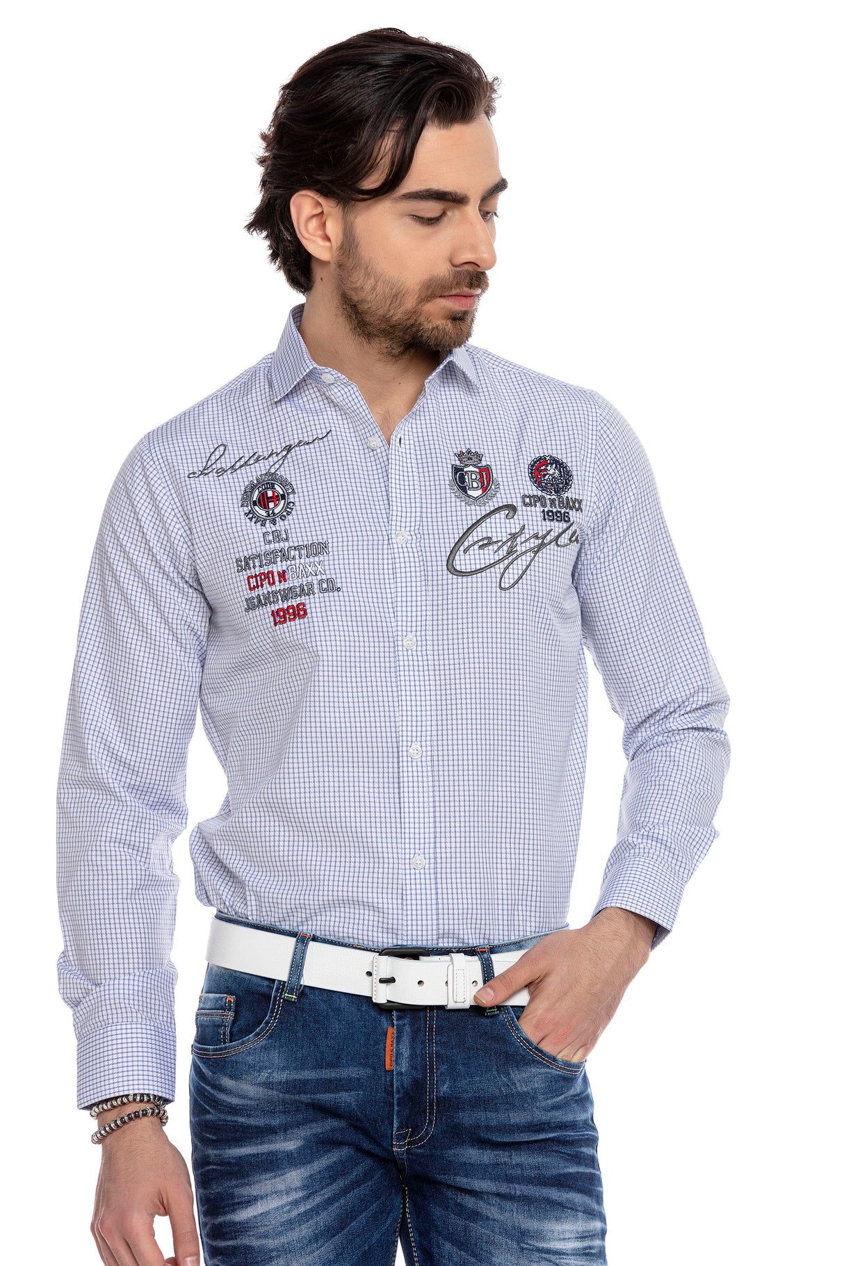 CH185 Herren Langarmhemd mit trendigen Stickereien