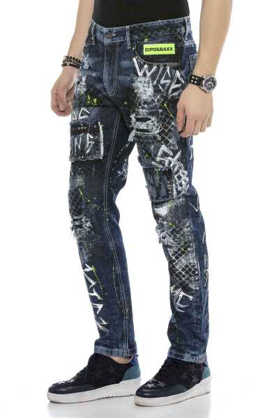 CD591 Herren Straight Fit-Jeans mit Farbspritzern Und Nieten