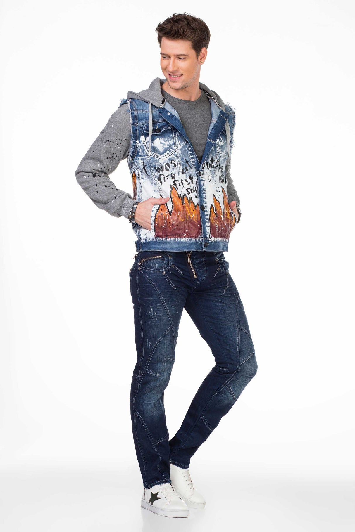 CJ209 Chaqueta de jeans con capucha para hombres 