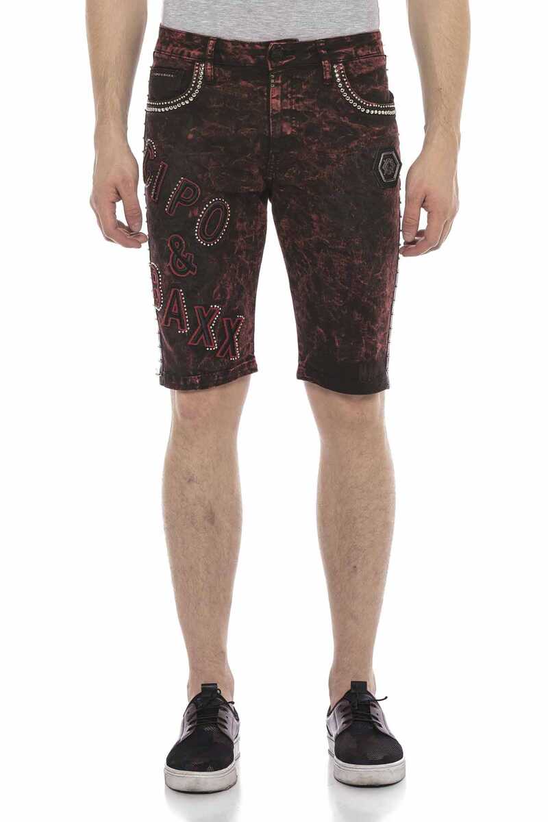 CK207 Short en jean Capri chiné pour hommes en bordeaux avec logo