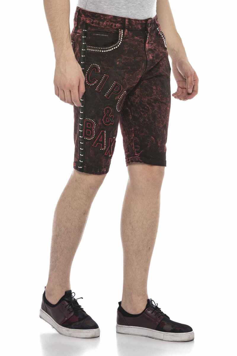 CK207 Short en jean Capri chiné pour hommes en bordeaux avec logo
