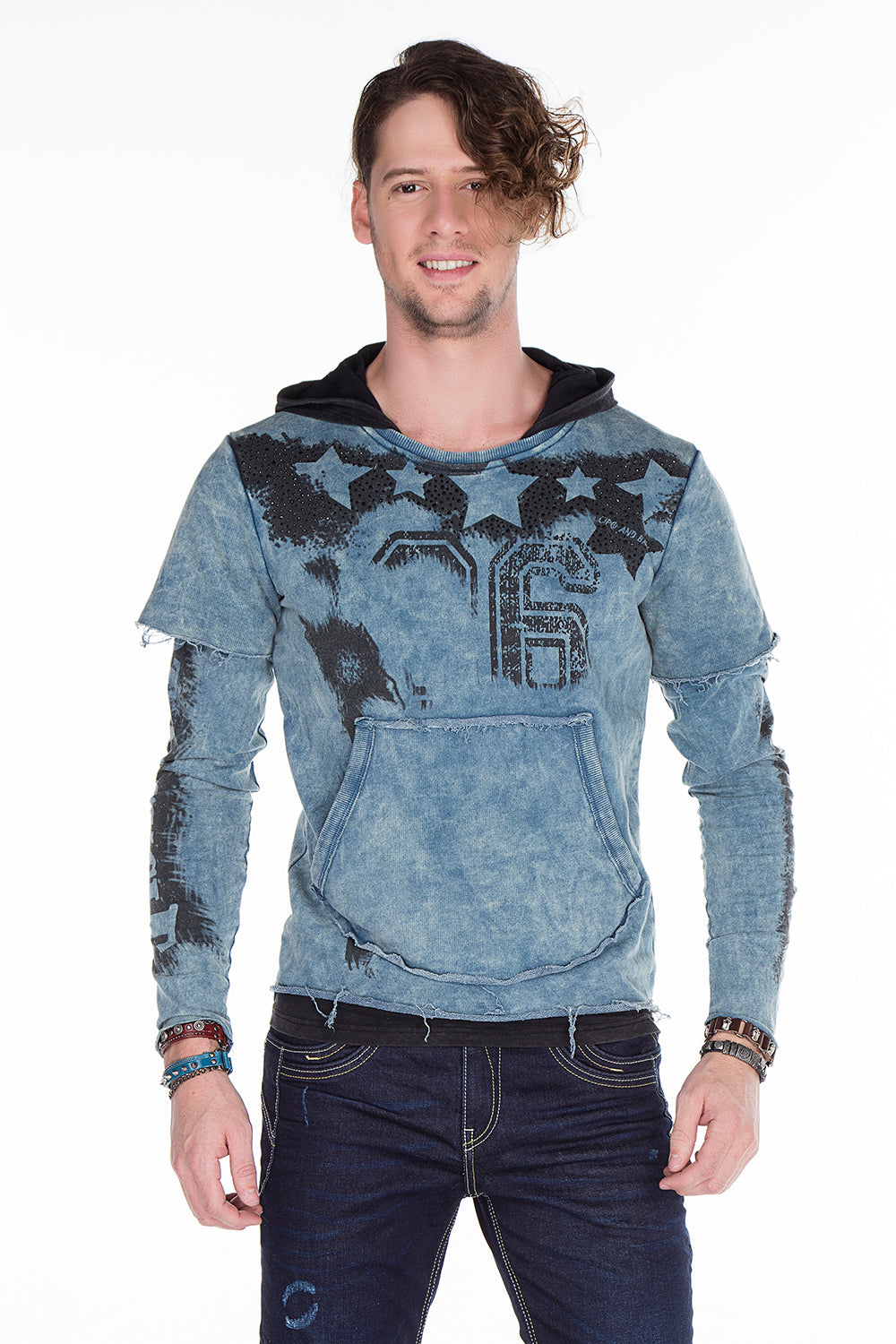 CL279 Herren Kapuzensweatshirt mit verwaschenen Prints