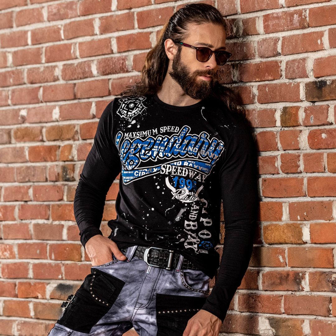 CL510 Camisa de manga larga de los hombres con un estampado frontal a gran escala